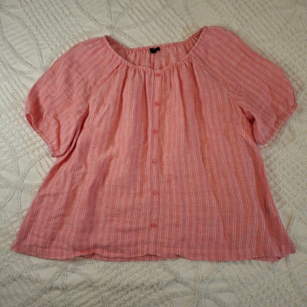 Talbots Womens 2XP Blouse Pink White Striped 100% Linen Short Puff Sleeve Button